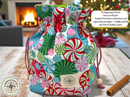 Christmas Drawstring Gift Bag, Handmade Fabric Pouch, Reusable Gift Bag, Stocking Stuffer, Peppermint Lane