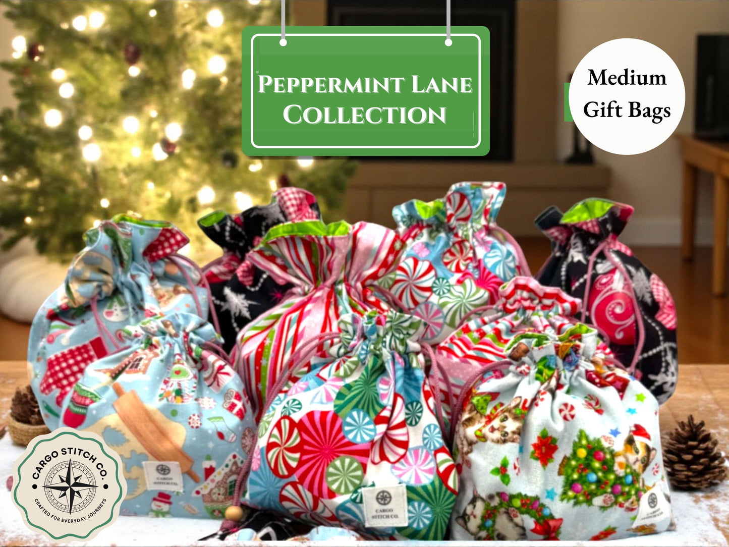 Medium Drawstring Bag - Peppermint Lane Limited Edition | Project Bag | Christmas Gift | Knitting Crochet Bag | Choose One