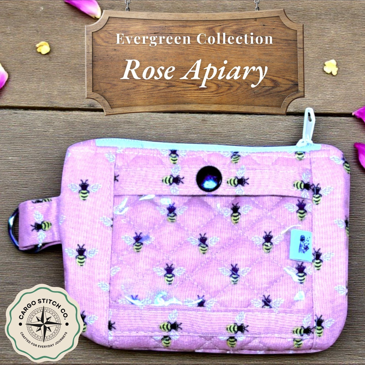 Rose Apiary Wallet - Quilted Cotton ID Wallet | Bee Print Card Holder | Handmade Minimalist Wallet