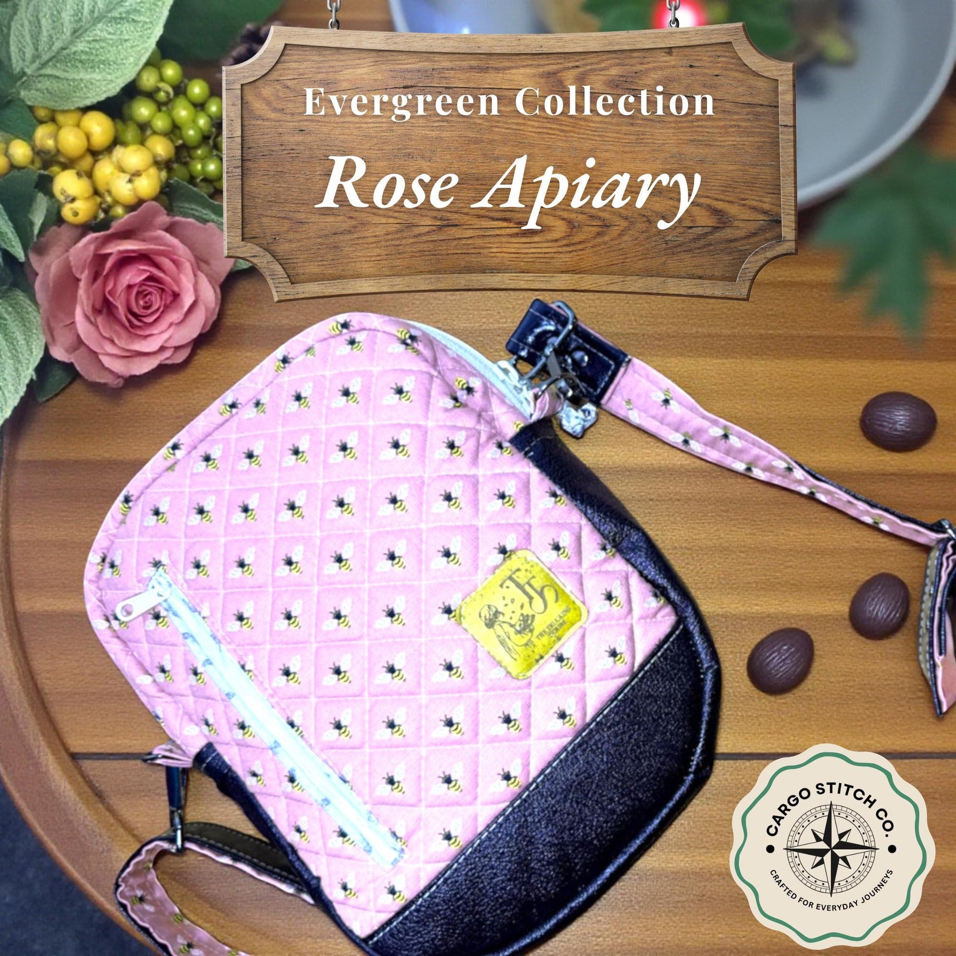 Quilted Crossbody Bag – Honeybee Cottage Print – Hearthside Edition – Peppermint Lane 2025 – Pink & Brown Bee Purse – Holiday Gift