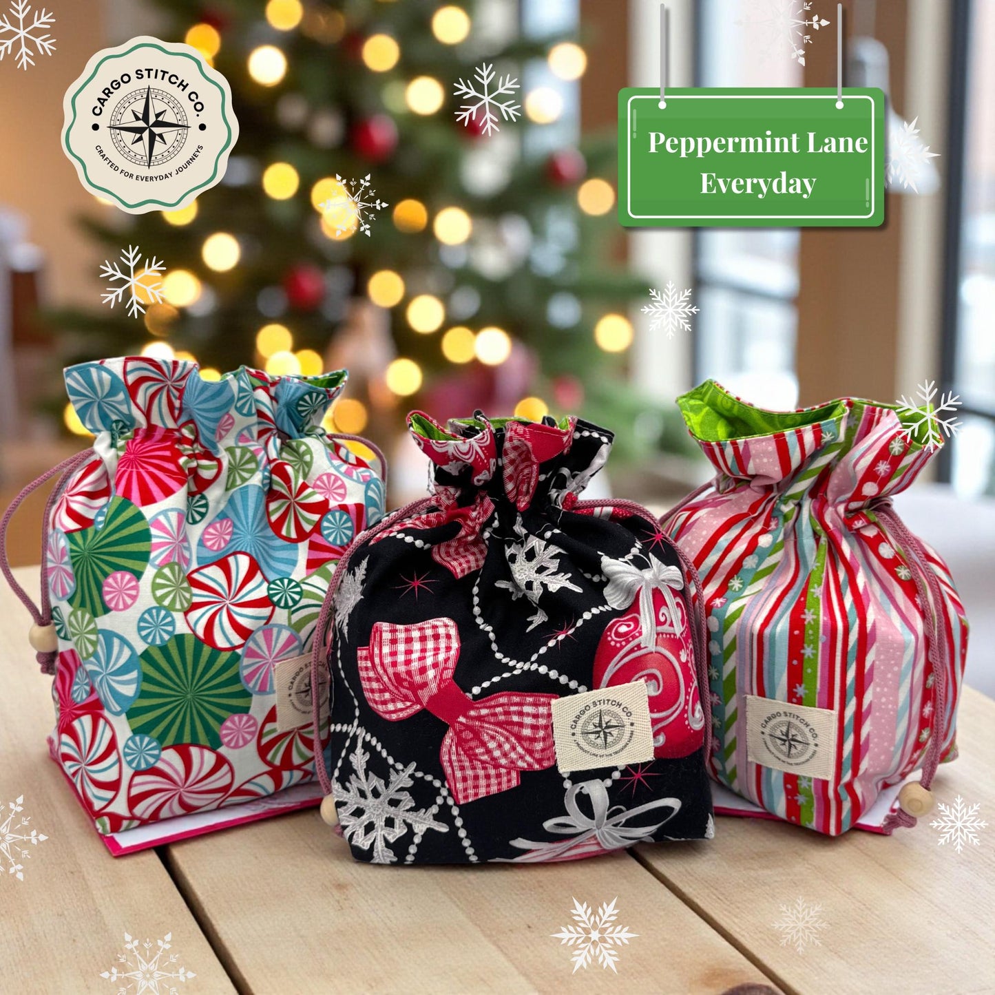3 Holiday Gift Bag Set – Peppermint Lane 2025 Medium Drawstring Trio – Ornaments, Peppermint Swirl, Candy Cane Holiday Organizer