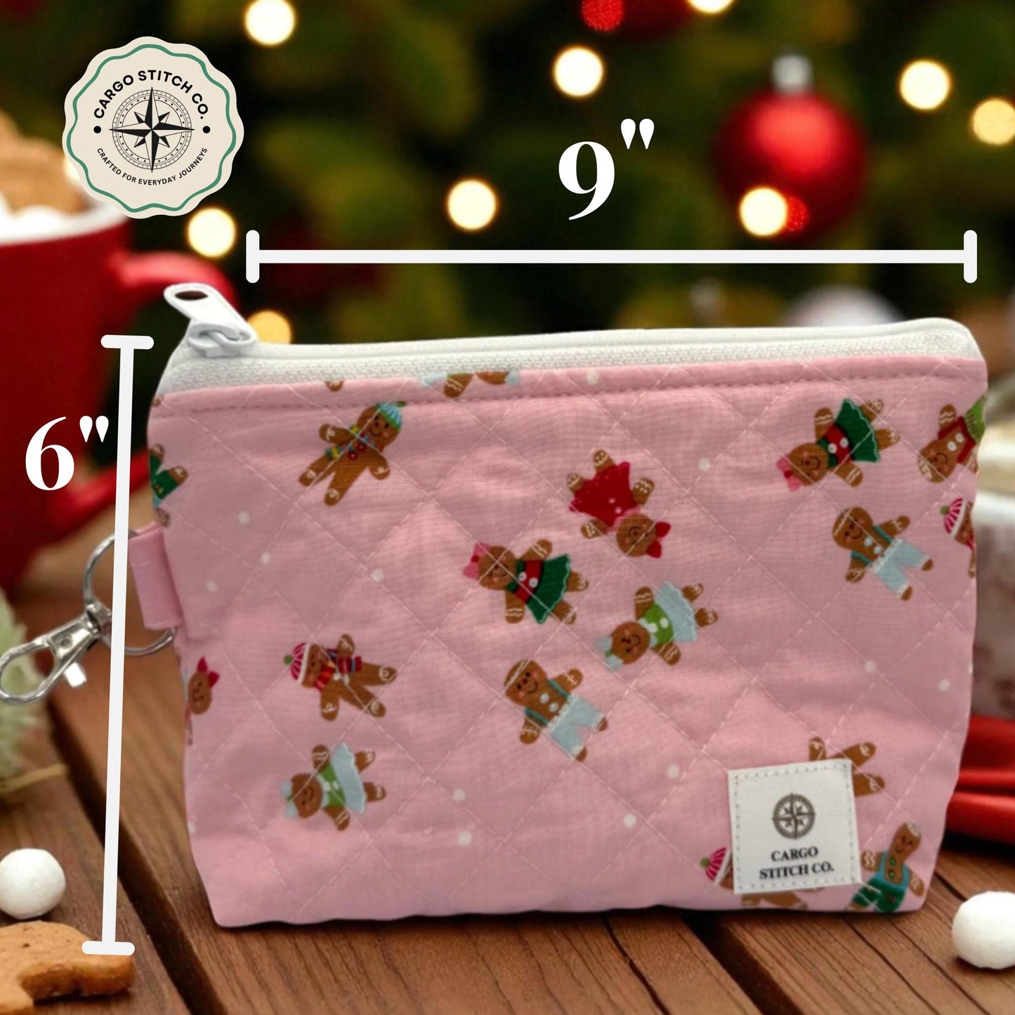 Large Quilted Holiday Pouch – 9x6x2.5 Pink Gingerbread Zipper Bag – Handmade Gift or Travel Organizer Cosmetic Pouch  by Cargo Stitch Co.