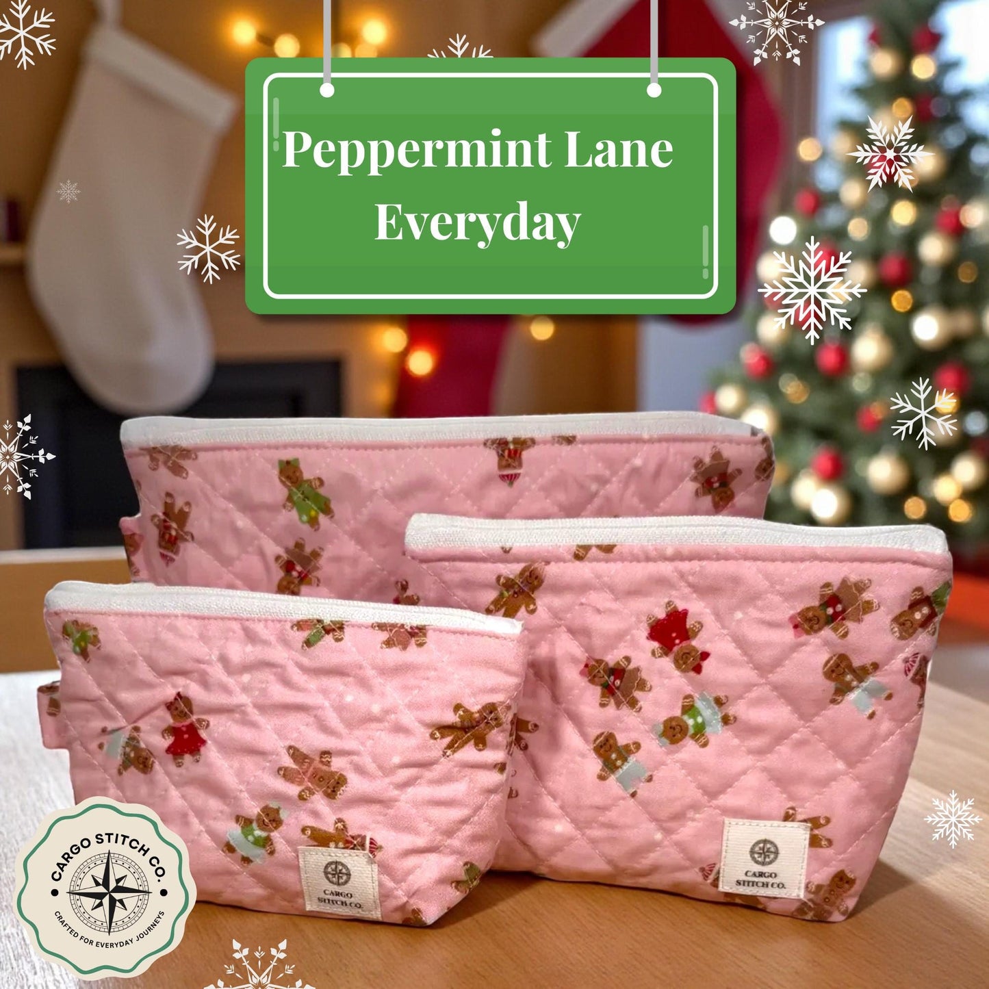 Pink Gingerbread 3-Piece Quilted Pouch Set - Everyday Peppermint Lane | Makeup Bag Bundle | Gift Set