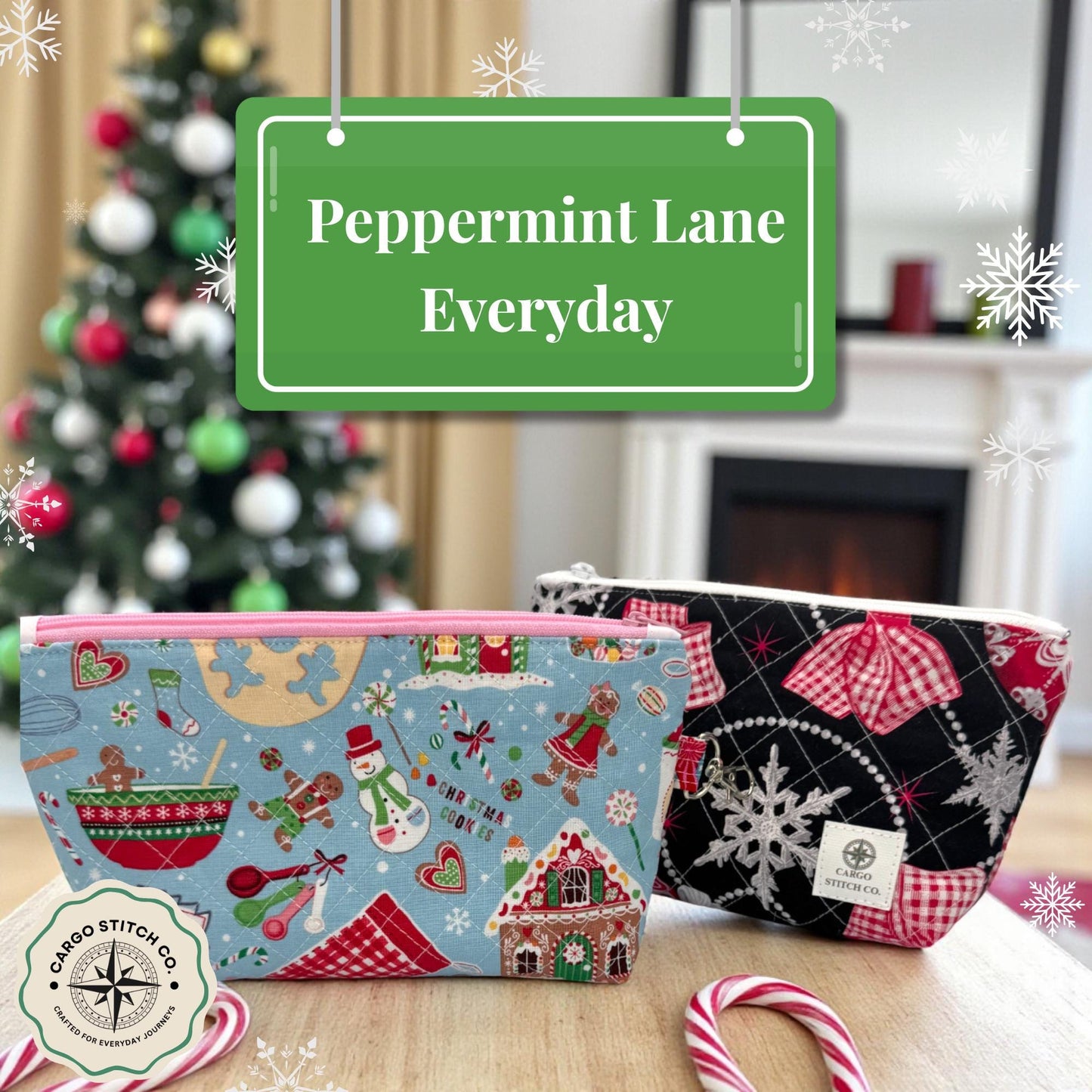 Large Quilted Holiday Pouch Duo with Interior Pockets – 9x5x2 | Gingerbread & Black Ornaments | Peppermint Lane 2025 Gift Set