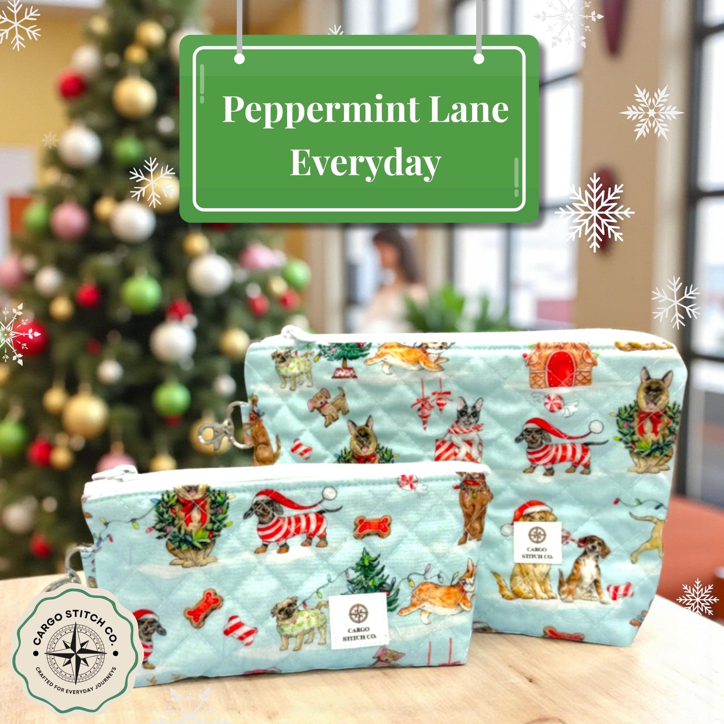 Medium Holiday Dogs Quilted Pouch 8x4.5 - Everyday Peppermint Lane | Dog Lover Gift | Swivel Clasp | Travel Pouch