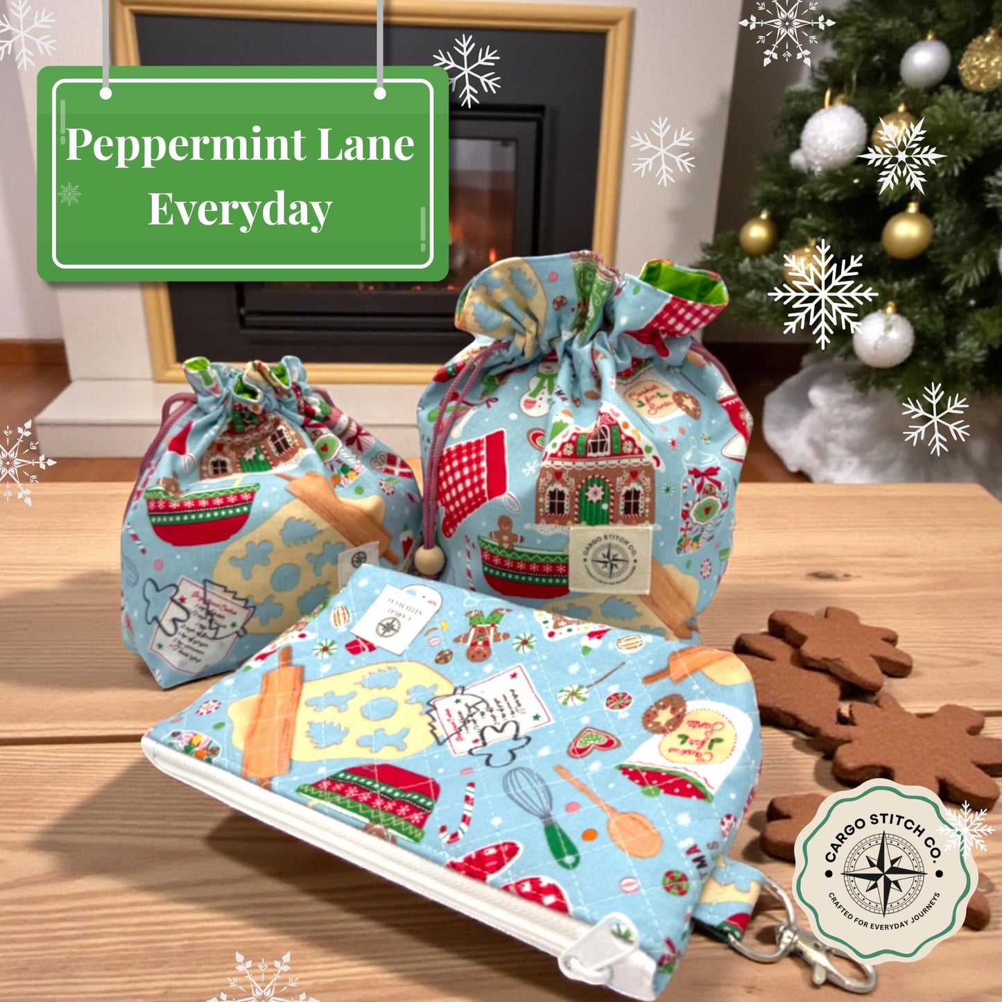 Gingerbread Gift Bag & Pouch Set – Quilted Christmas Bundle (3-Pack) – Holiday Baking Drawstring  Zipper Pouch Set