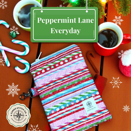 Peppermint Stripe Quilted Pouch – Peppermint Lane 2025 | Handmade 5×7 Zipper Bag with Pocket & Clip | Holiday Cosmetic Bag | Cargo Stitch