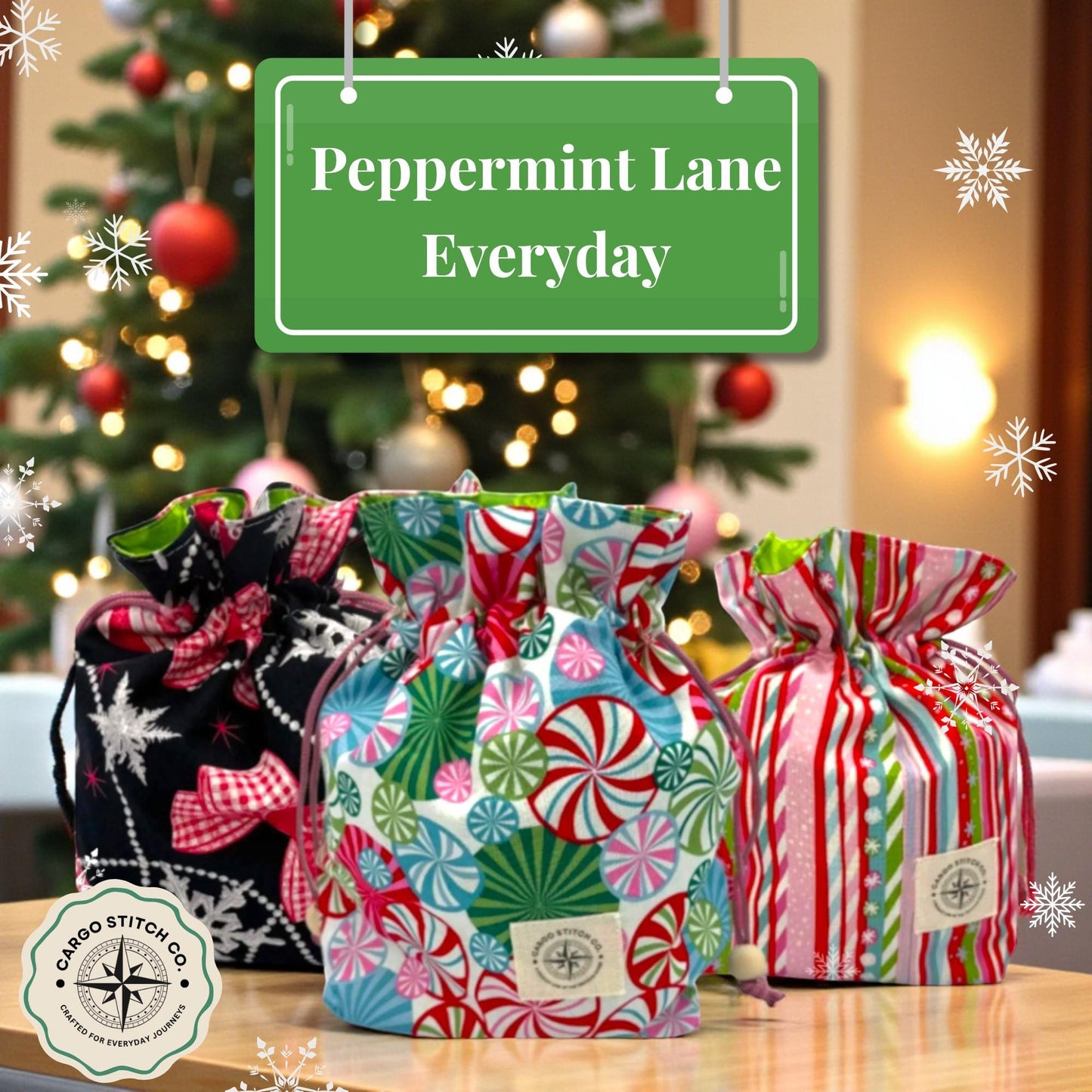 3 Holiday Gift Bag Set – Peppermint Lane 2025 Medium Drawstring Trio – Ornaments, Peppermint Swirl, Candy Cane Holiday Organizer