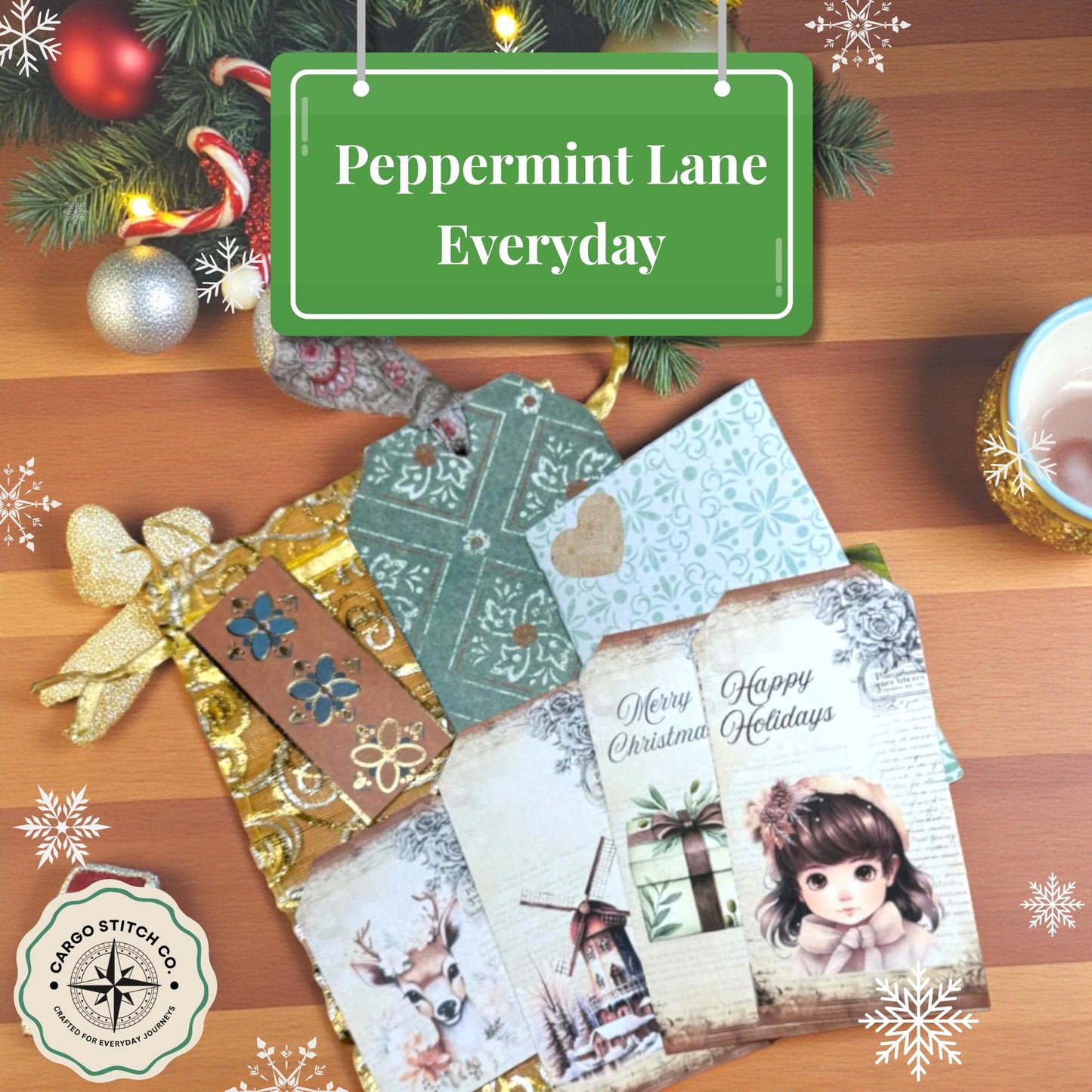 Green Christmas Junk Journal Tag – Triple Pocket Loaded Tag with Mini Notebook & Ephemera for Vintage Holiday Journaling