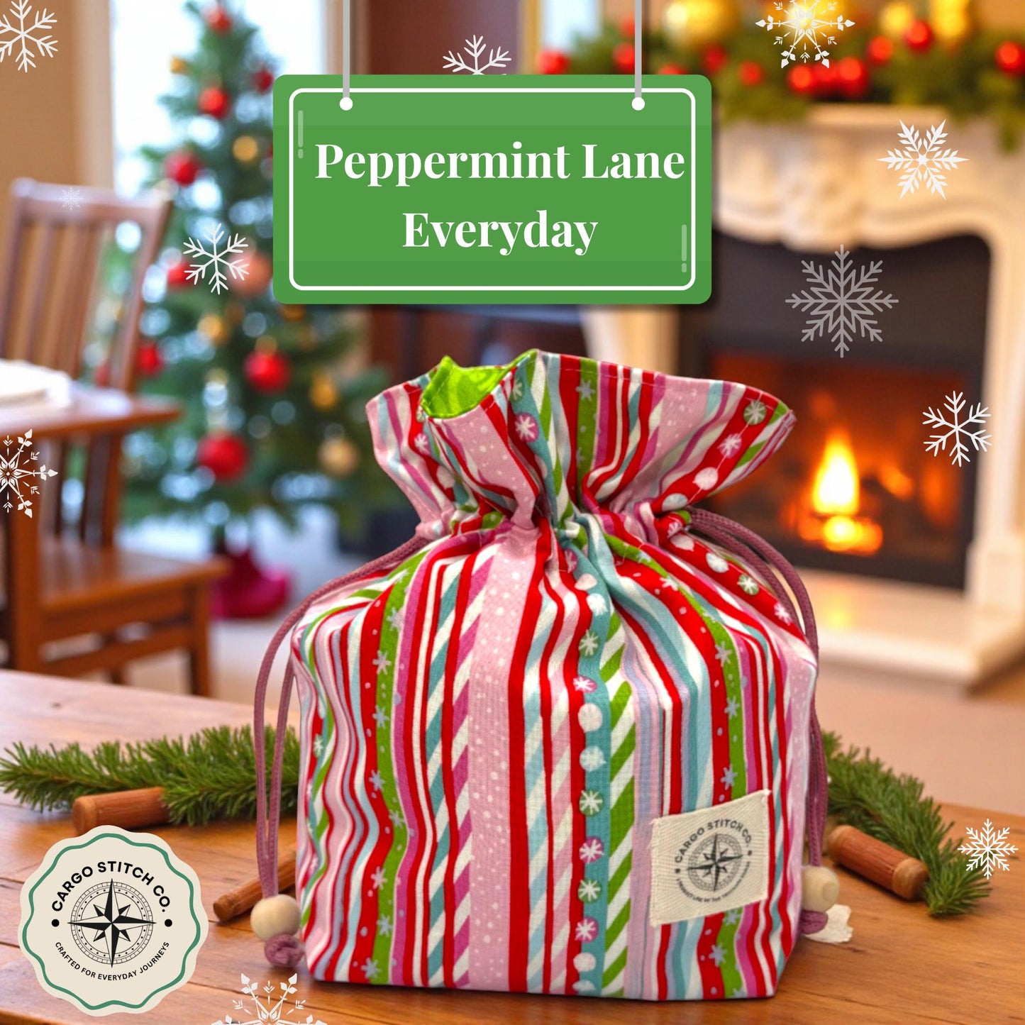 Candy Cane Stripe Drawstring Gift Bag – Medium Reusable Fabric Bag for Christmas, Stocking Stuffers, Holiday Wrapping