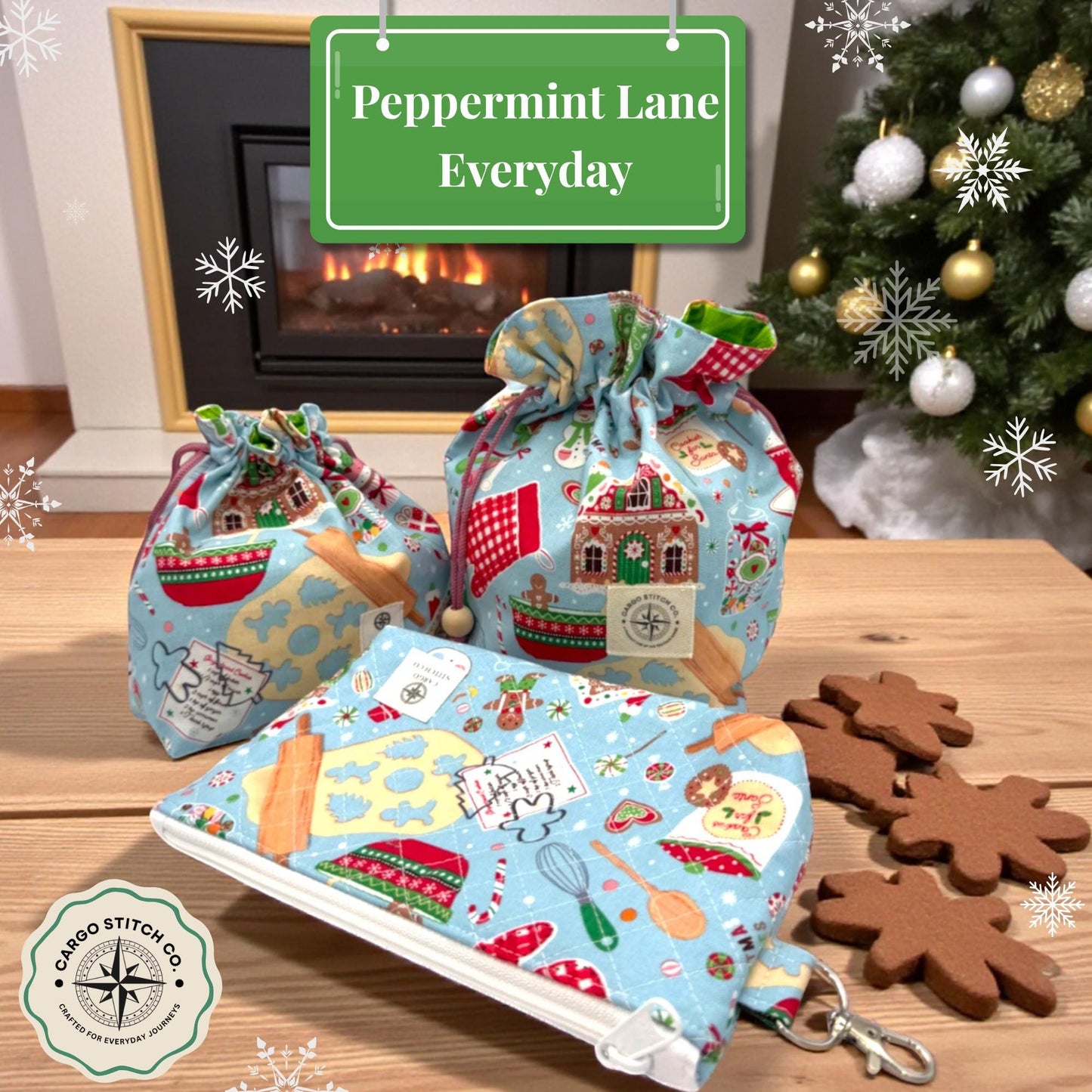 Gingerbread Gift Bag & Pouch Set – Quilted Christmas Bundle (3-Pack) – Holiday Baking Drawstring  Zipper Pouch Set