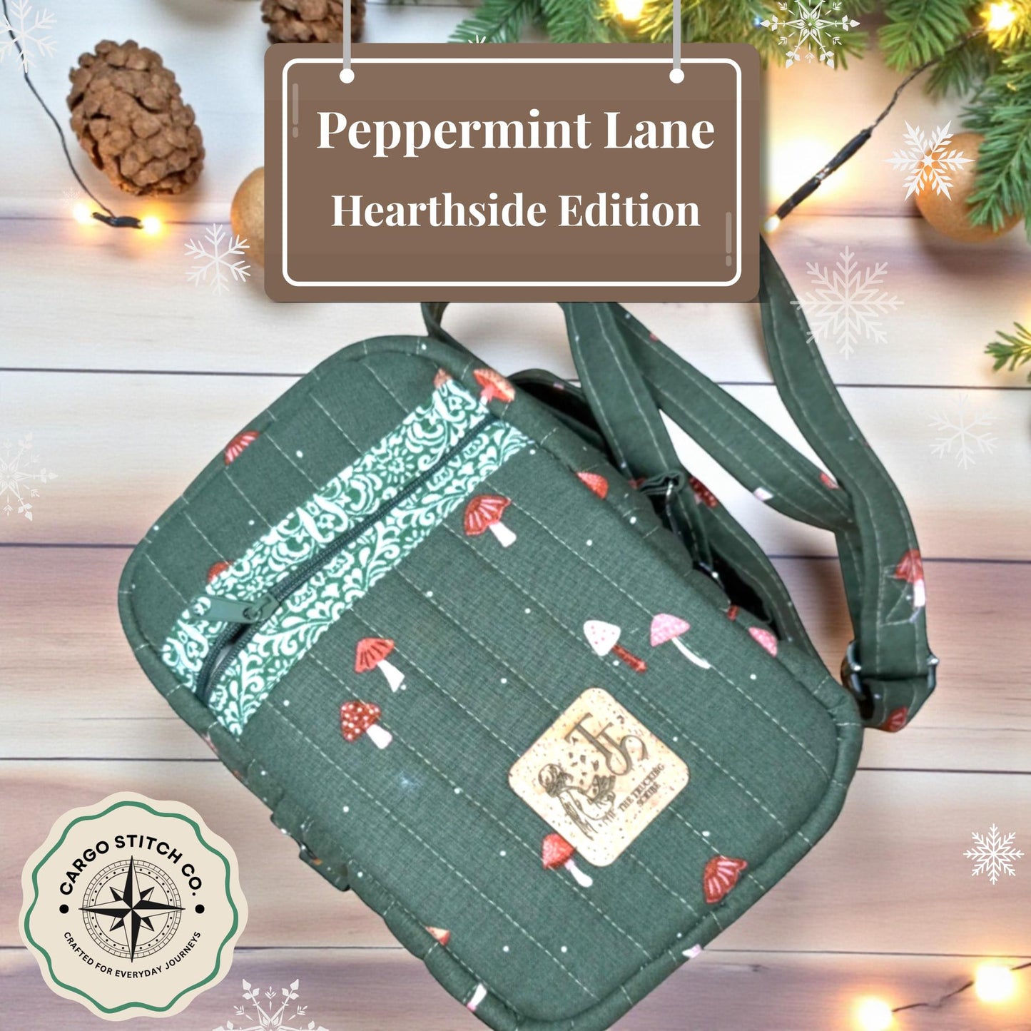 Hearthside Edition – Woodland Mushroom Quilted Crossbody Bag – Peppermint Lane 2025 – Green Forest Purse – Cargo Stitch Co