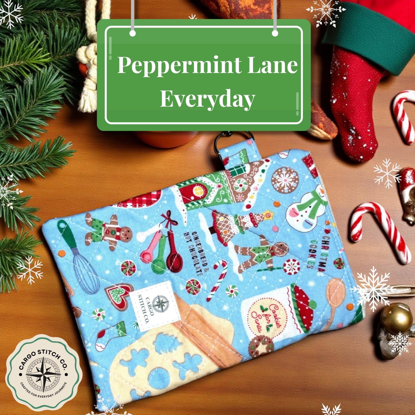 Gingerbread Zipper Pouch 7×5 • Peppermint Lane Christmas Bag • Quilted Project Bag, Makeup Pouch with Pocket & Clip • Cargo Stitch Co