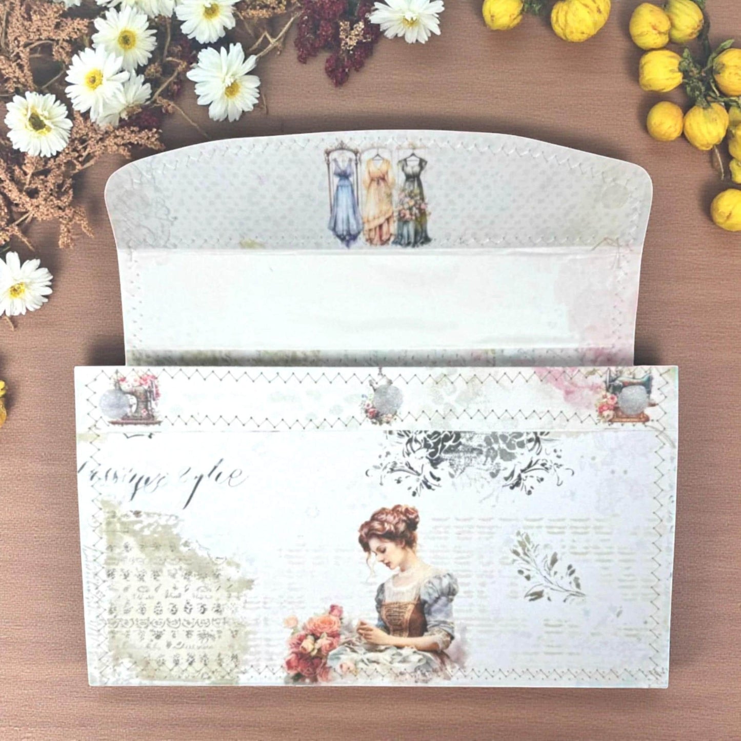 Healing Threads Accordion Folder – Vintage Seamstress Edition – Handmade Paper Organizer for Ephemera & Journaling Gifts