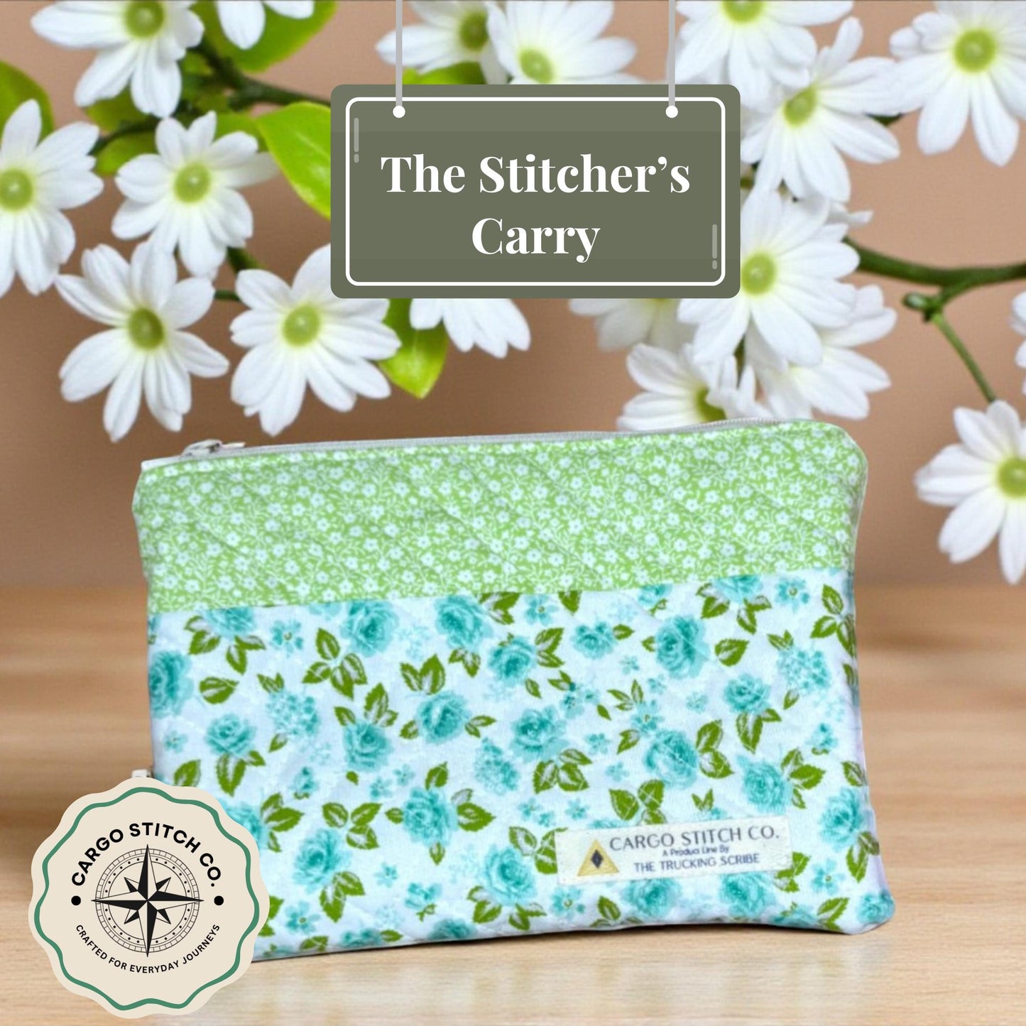 Aqua Rose Quilted Zipper Pouch | Stitcher’s Carry Handmade Bag | Green & Blue Floral Project Organizer for Sewing or Journaling