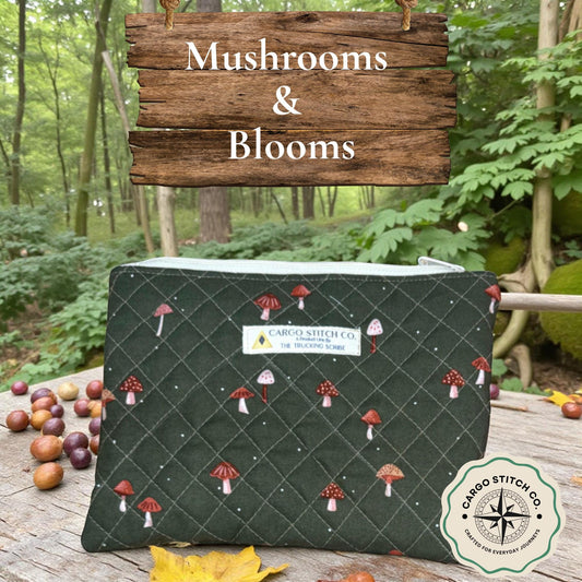 Mushroom Meadow Quilted Zipper Pouch | Earthy Woodland Makeup Bag | Forest Green Cosmetic Organizer | Nature Lover Gift 9" W x 6" H