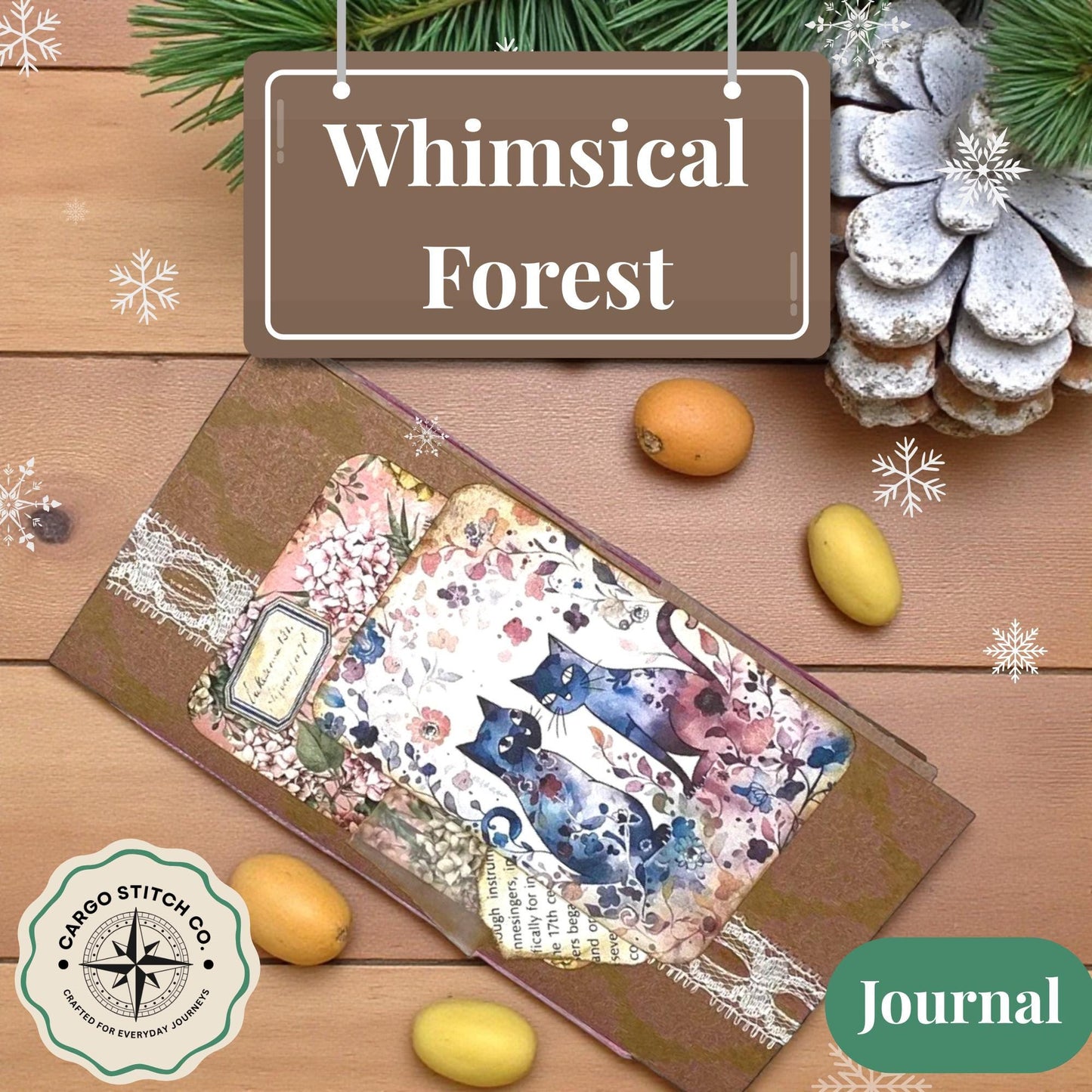 Whimsical Forest Cat Folio – Enchanted Garden Edition | Handmade Junk Journal Insert with Lace & Floral Pockets | Feline Ephemera