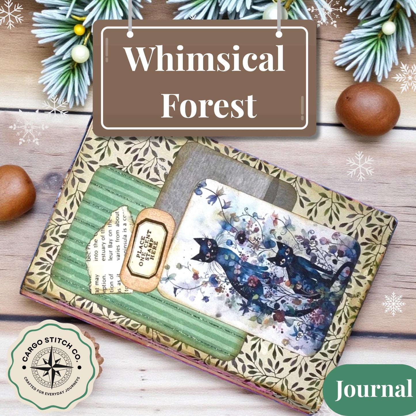 Whimsical Forest Cat Folio – Midnight Mischief Edition | Handmade Junk Journal Insert with Pockets | Enchanted Feline Ephemera