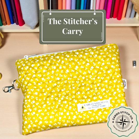 Mustard Floral Quilted Project Pouch | Stitcher’s Carry Bag with Clip | Handmade Organizer for Sewing, Embroidery, or Notions