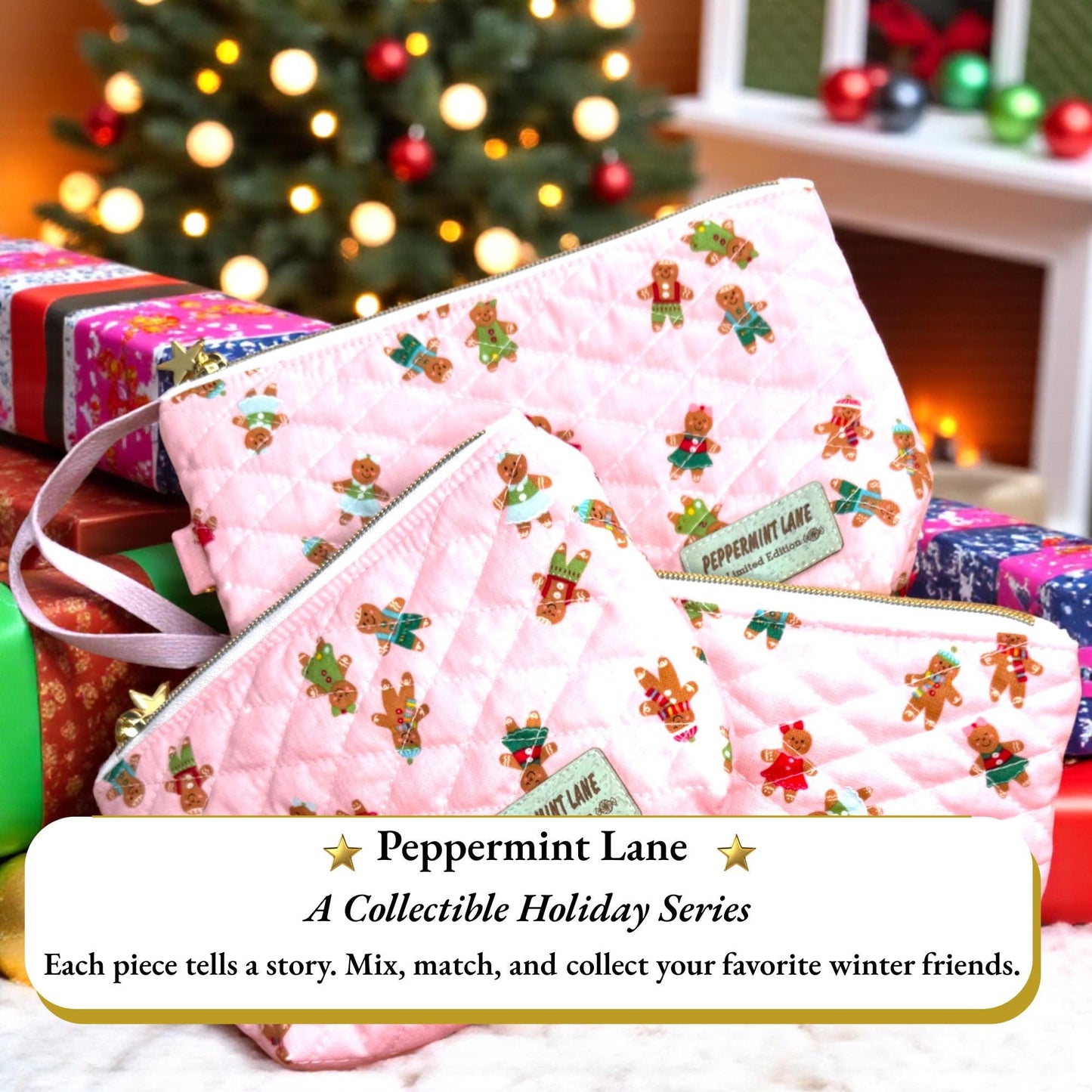 Sugarplum 3-Piece Quilted Pouch Set - Peppermint Lane Limited Edition | Pink Gingerbread | Story Character Bundle | Choose A Size