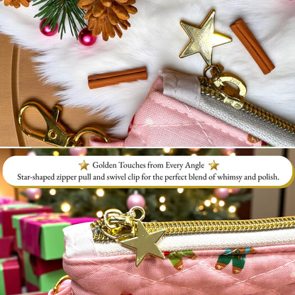 Sugarplum Christmas Quilted Zipper Pouch Bundle, Pink Gingerbread Makeup Bag, Peppermint Lane Limited Edition, Handmade Holiday Gift