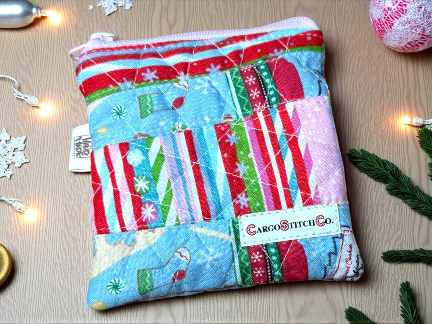Mini Quilted PouchPeppermint Lane  | Mini Christmas Coin Purse | Holiday Gift Bag | Handmade Zipper Pouch | Stocking Stuffer