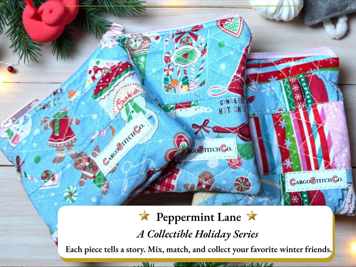 Christmas Mini Zipper Pouch, Quilted Coin Purse, Peppermint Lane Scrap Series, Small Holiday Gift, Stocking Stuffer