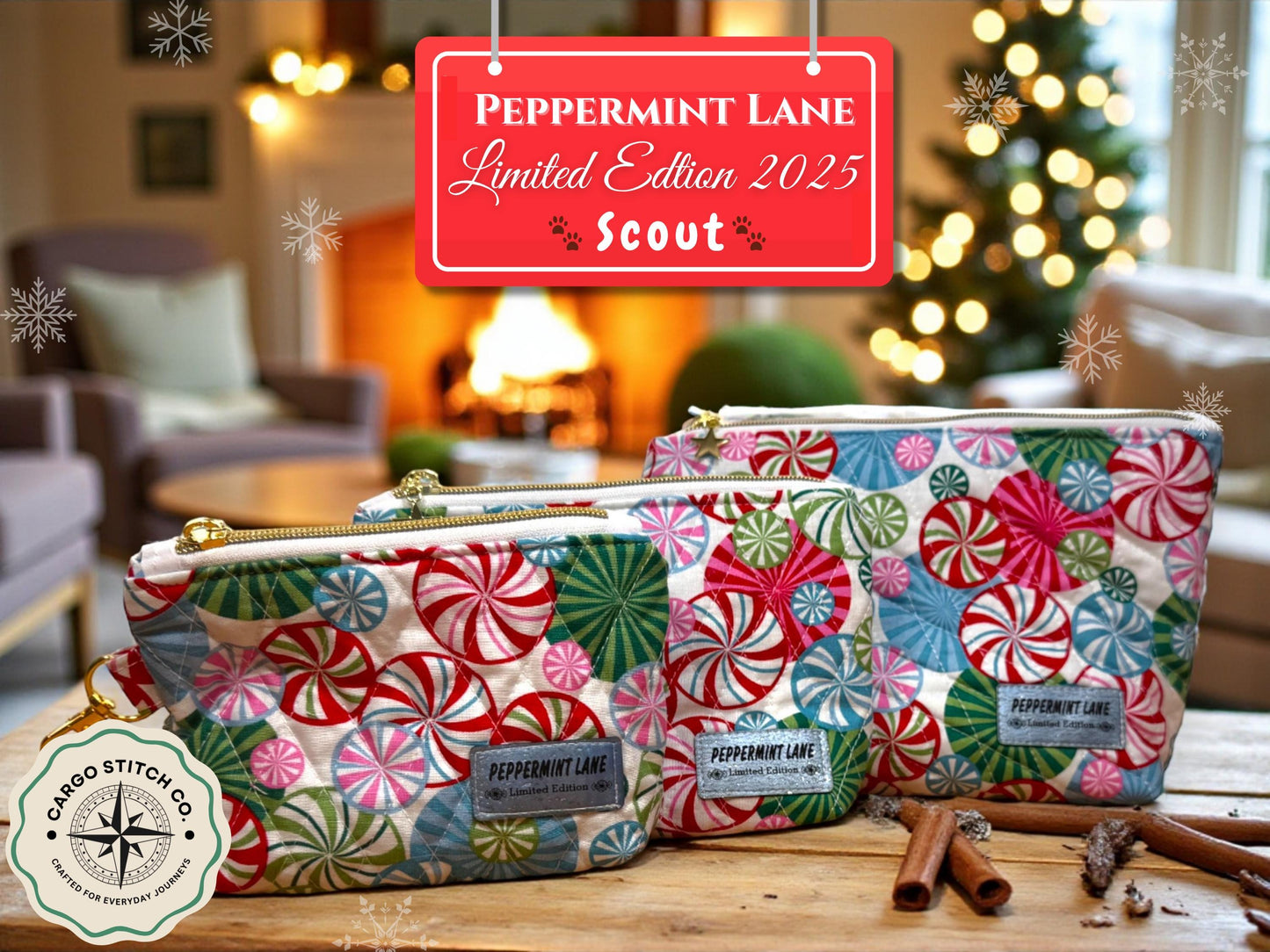 Scout’s Winter Tracks Christmas Pouch Peppermint Lane 2025 Limited Edition | Choose Your Size | Quilted Holiday Pouch Set by Cargo Stitch Co