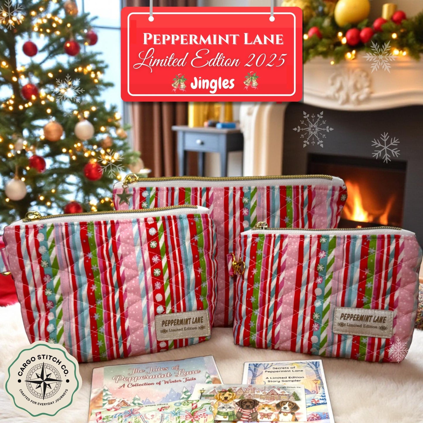 Sugarplum 3-Piece Quilted Pouch Set - Peppermint Lane Limited Edition | Pink Gingerbread | Story Character Bundle | Choose A Size
