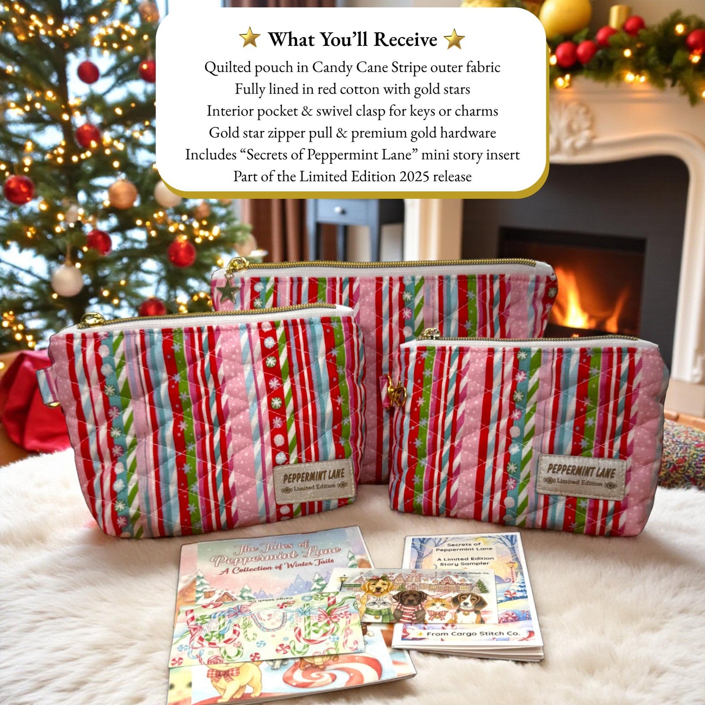 Sugarplum 3-Piece Quilted Pouch Set - Peppermint Lane Limited Edition | Pink Gingerbread | Story Character Bundle | Choose A Size