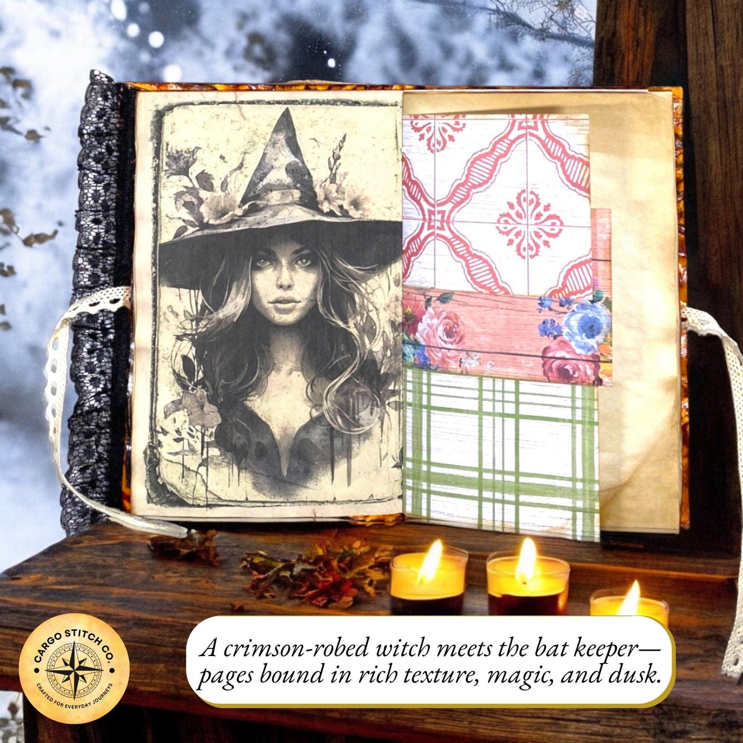 Witchy Cat Junk Journal – Autumn Harvest • Limited Edition Handmade Halloween Grimoire • Black Lace Spine • October Coven Series