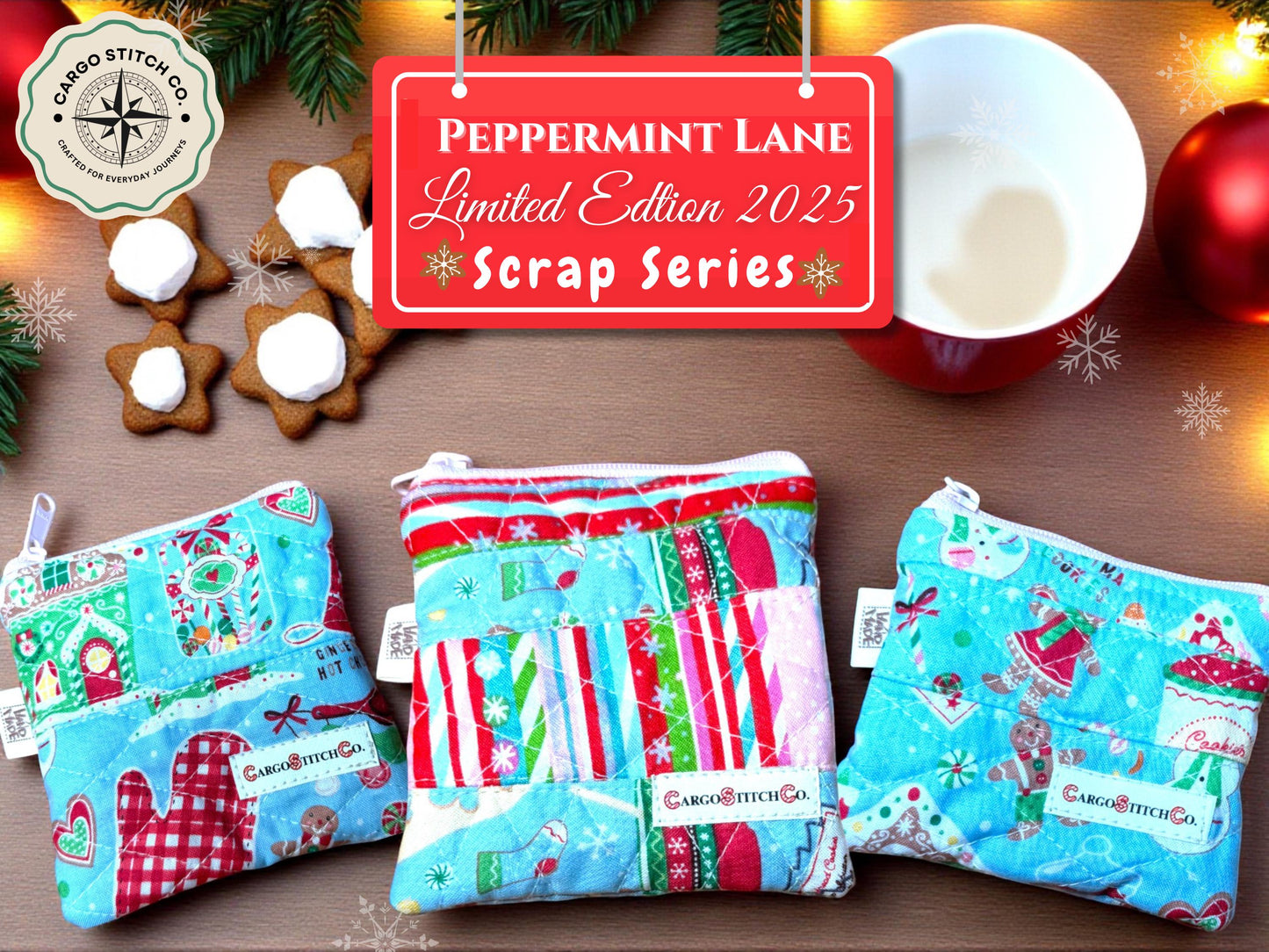 Mini Quilted PouchPeppermint Lane  | Mini Christmas Coin Purse | Holiday Gift Bag | Handmade Zipper Pouch | Stocking Stuffer