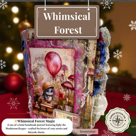 Whimsical Forest Junk Journal – Handmade Expandable Envelope Book with Pink Trim, Mushroom Art & Lace Layers