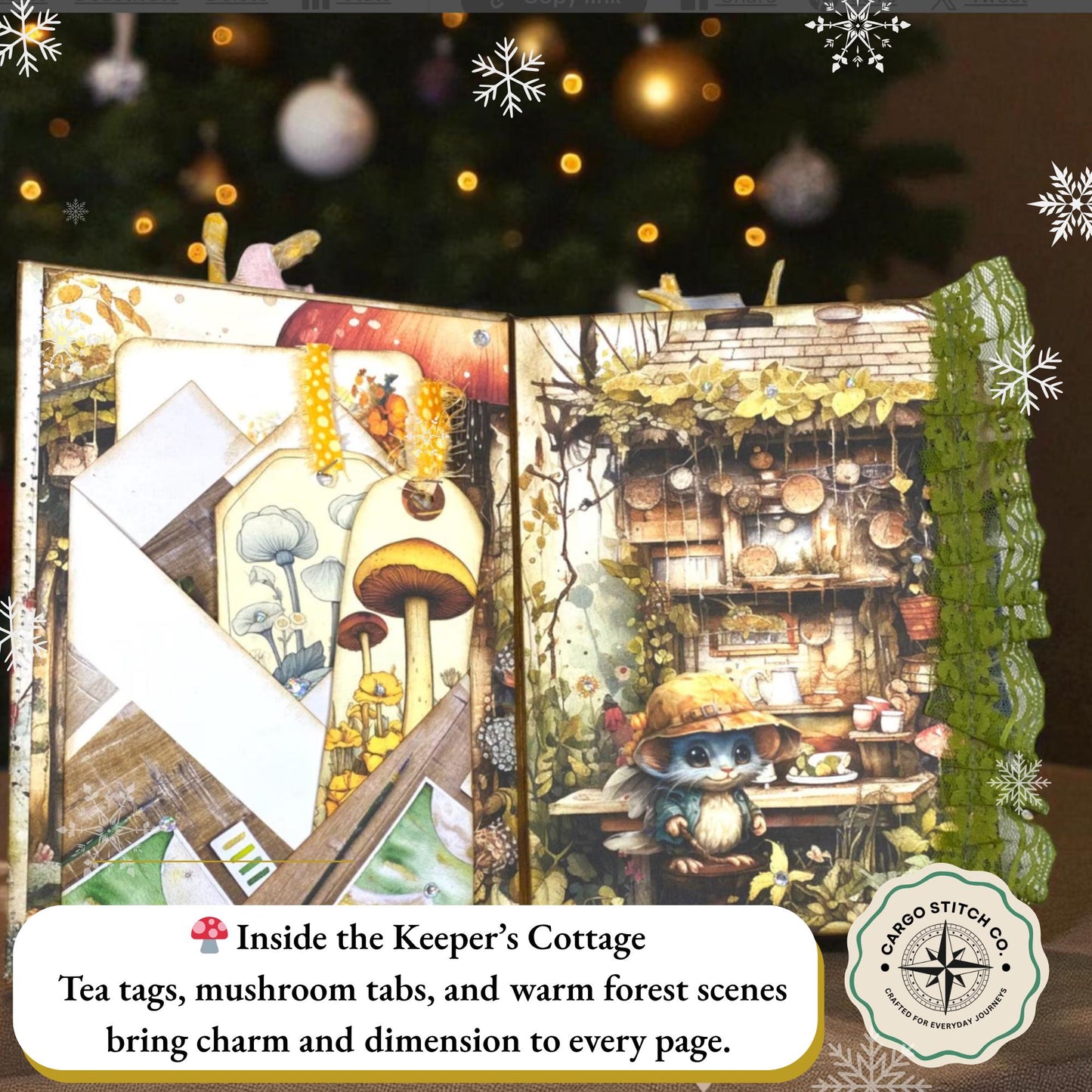 Whimsical Forest Junk Journal – Handmade Expandable Envelope Book with Pink Trim, Mushroom Art & Lace Layers