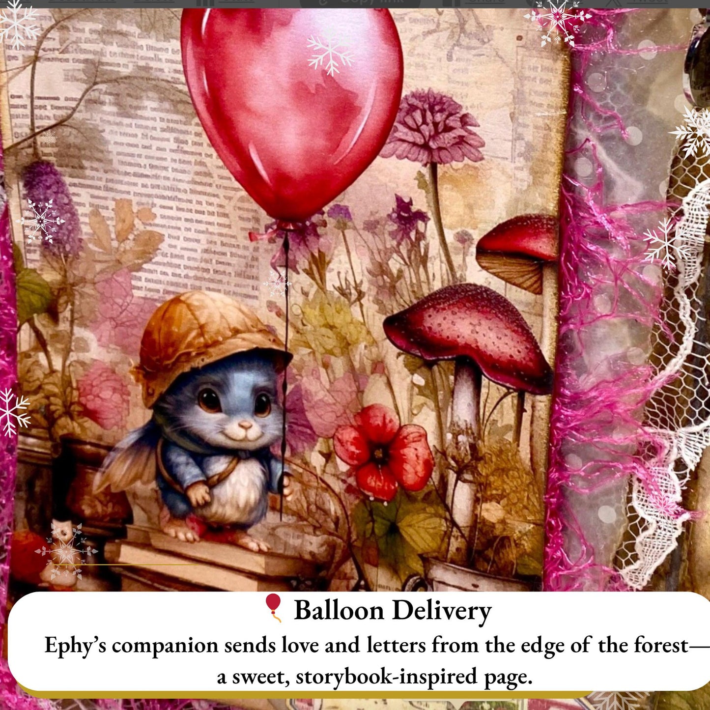 Whimsical Forest Junk Journal – Handmade Expandable Envelope Book with Pink Trim, Mushroom Art & Lace Layers