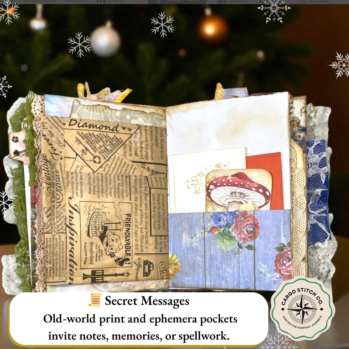 Whimsical Forest Junk Journal – Handmade Expandable Envelope Book with Pink Trim, Mushroom Art & Lace Layers