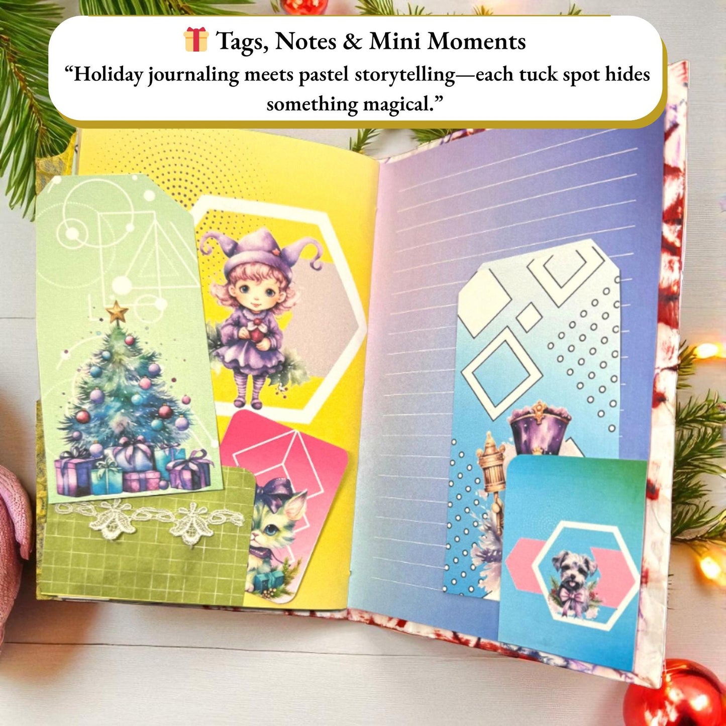 Sugarplum Whispers Holiday Gift Set – Pastel Christmas Junk Journal + Quilted Zipper Pouch – Handmade Christmas Writing Set – Ready to Ship