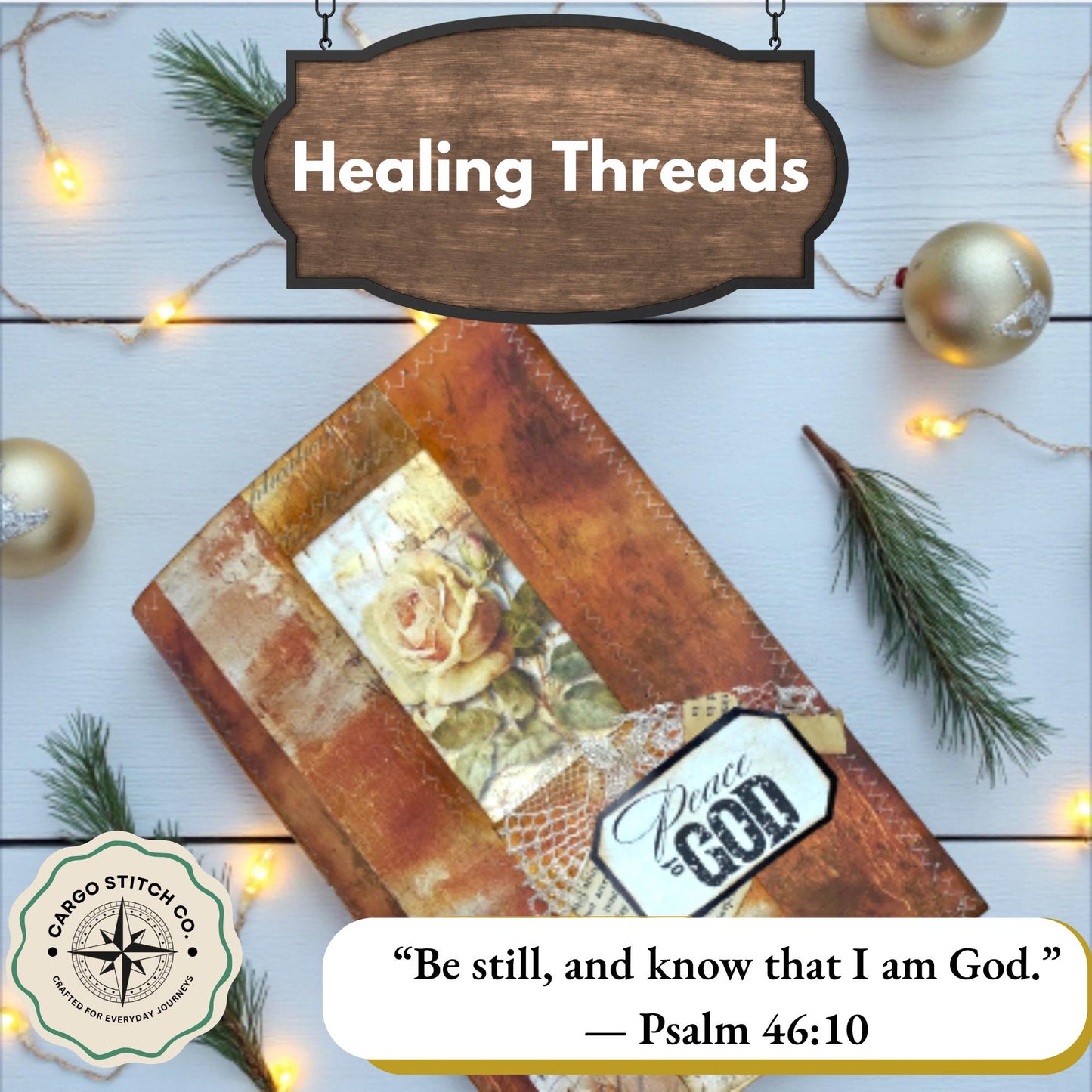 Gold Peace of God Junk Journal Handmade Faith Journal with Rose Collage Cover, Coffee-Dyed Pages, Scripture-Inspired Pockets, Christian Gift