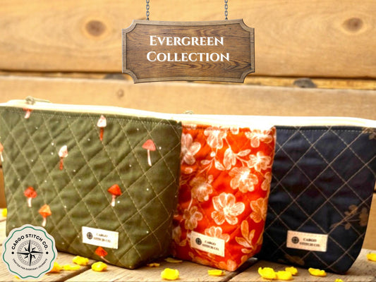 Quilted Zipper Pouch Woodland Workshop  | Small Makeup Bag | Nature Inspired Sewing Pouch | Handmade Gift | 7x4.5 |  Quilted Toiletry Bag
