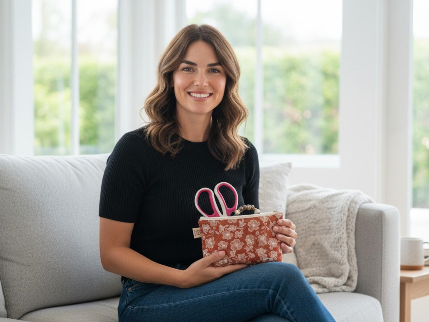 Quilted Zipper Pouch Woodland Workshop  | Small Makeup Bag | Nature Inspired Sewing Pouch | Handmade Gift | 7x4.5 |  Quilted Toiletry Bag