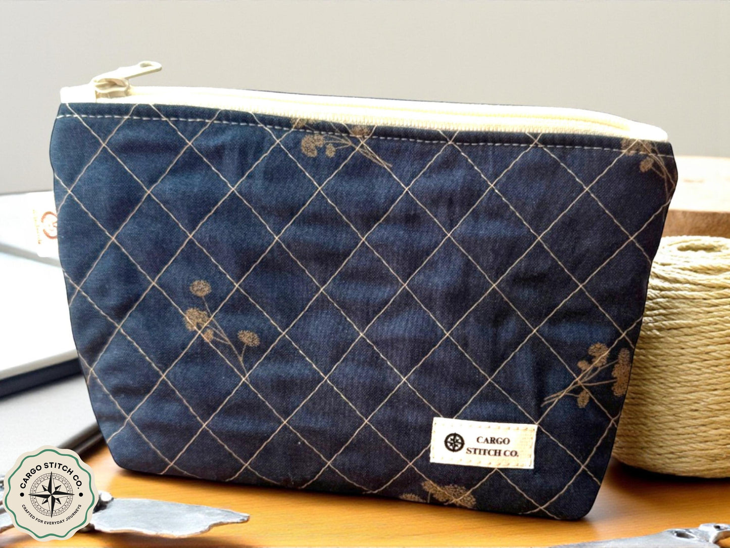 Quilted Zipper Pouch Woodland Workshop  | Small Makeup Bag | Nature Inspired Sewing Pouch | Handmade Gift | 7x4.5 |  Quilted Toiletry Bag