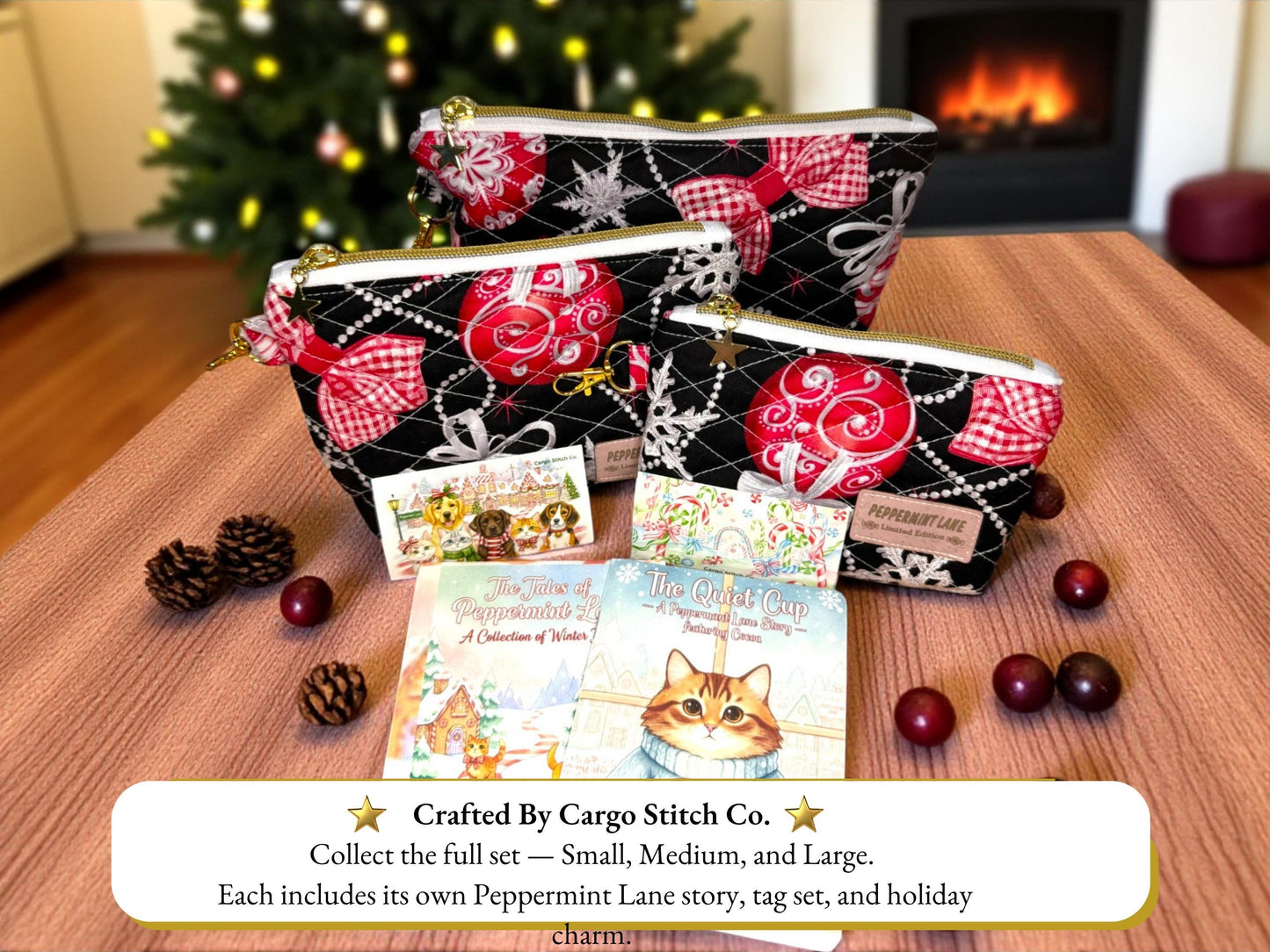 Cocoa’s Quiet Cup Quilted Pouch Bundle - Peppermint Lane 2025 | Final Edition Holiday Set | Gifts | Ornament Magic | Choose Your Size