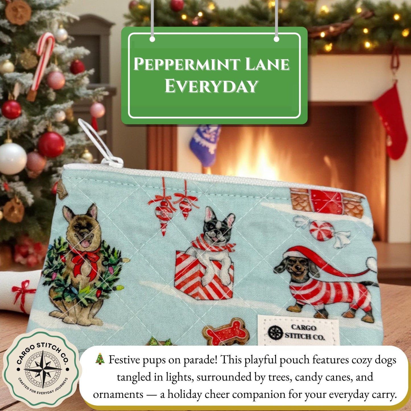 Medium Holiday Dogs Quilted Pouch 8x4.5 - Everyday Peppermint Lane | Dog Lover Gift | Swivel Clasp | Travel Pouch