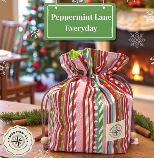 Candy Cane Stripe Drawstring Gift Bag – Medium Reusable Fabric Bag for Christmas, Stocking Stuffers, Holiday Wrapping