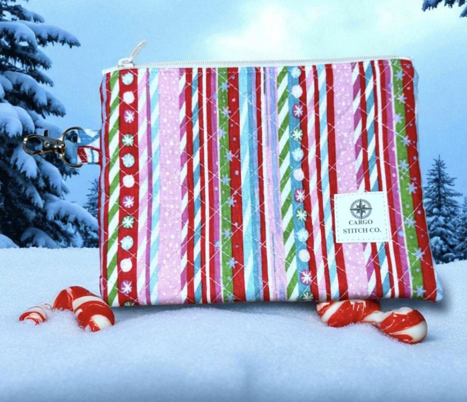 Peppermint Lane Christmas Zipper Pouch - 7×5 Quilted Holiday Bag | Sugarplum Collection | Handmade by Cargo Stitch Co.