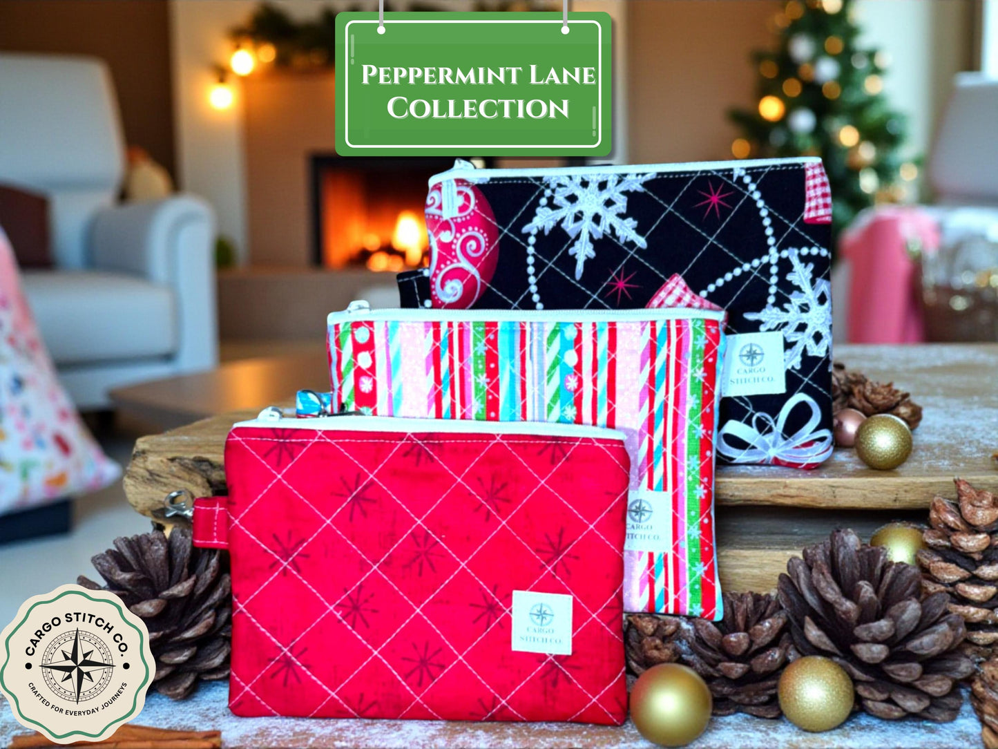 Peppermint Lane Christmas Zipper Pouch - 7×5 Quilted Holiday Bag | Sugarplum Collection | Handmade by Cargo Stitch Co.