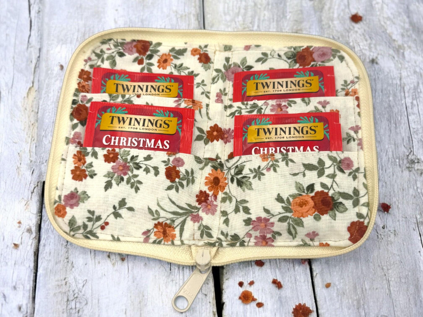 Floral & Mushroom Tea Wallet – Quilted 4-Pocket Tea Bag Organizer | Handmade Travel Pouch by Cargo Stitch Co.