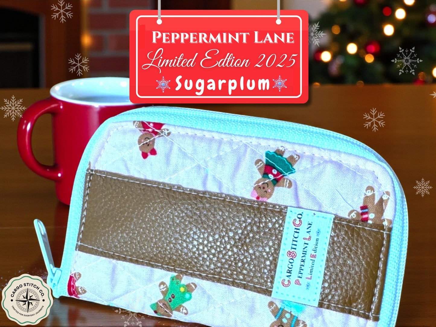 Pink Gingerbread Quilted Tea Wallet – 3.5x6 Peppermint Lane Tea Organizer with Faux Leather Accent | Cargo Stitch Co. Limited Edition Gift