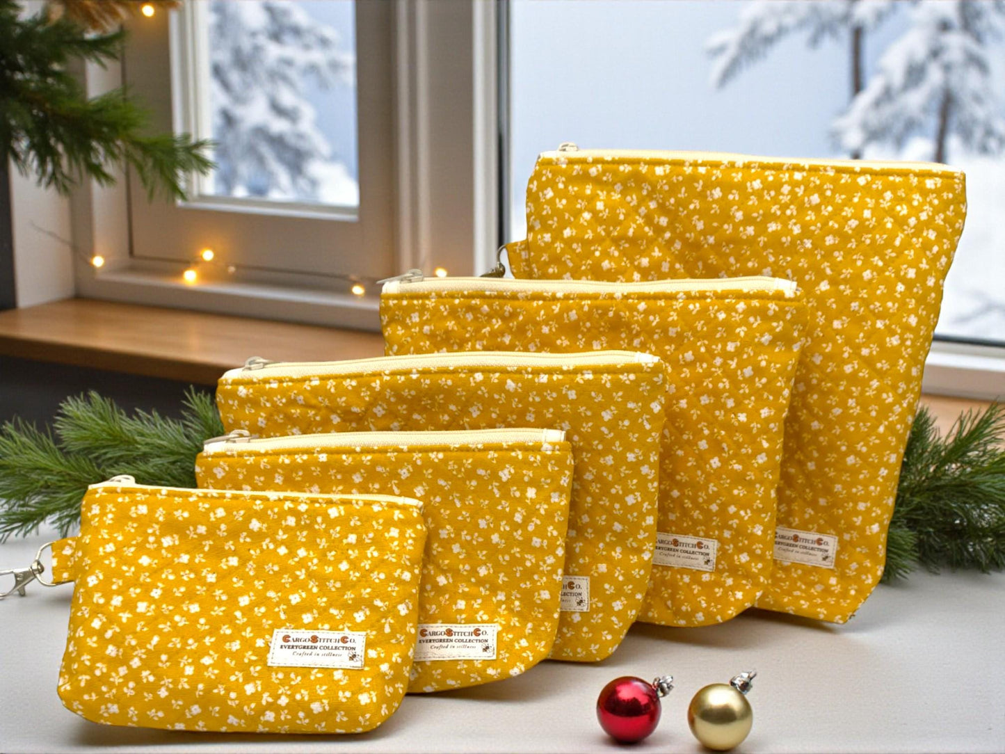 Golden Meadow Quilted Pouch Set – 5-Piece Evergreen Collection Bundle | Project Bag, Off-White Zipper, Inner Pocket | Handmade Gift