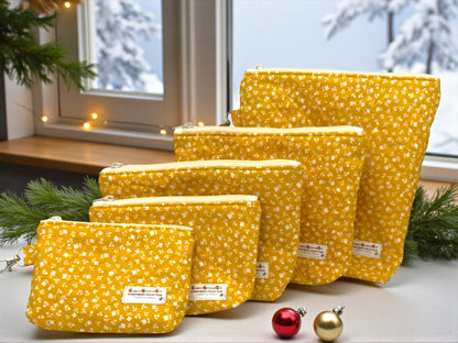 Golden Meadow Quilted Pouch Set | 5 Piece Zipper Pouch Bundle | Handmade Cosmetic Craft Travel Bags | Evergreen Collection